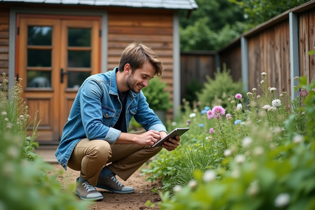 Jeune homme utilise une application pour identifier des plantes dans le jardin