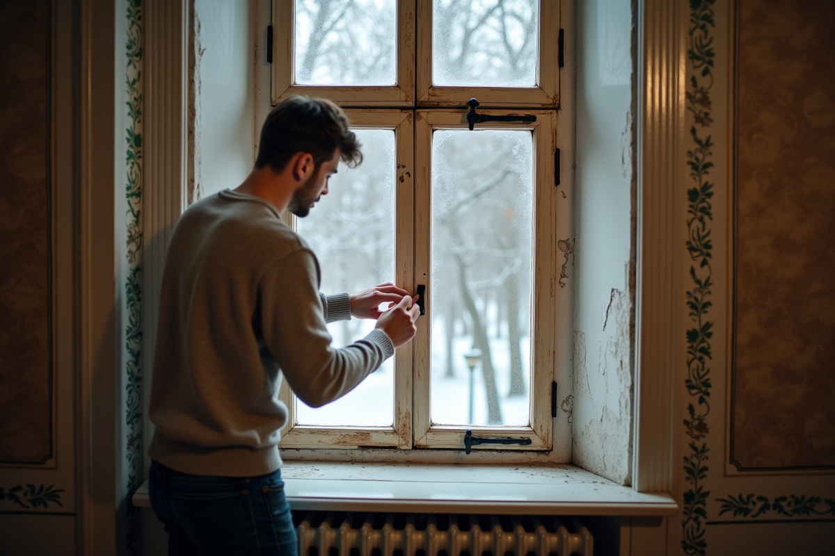 Jeune homme appliquant du ruban isolant sur une fenêtre ancienne