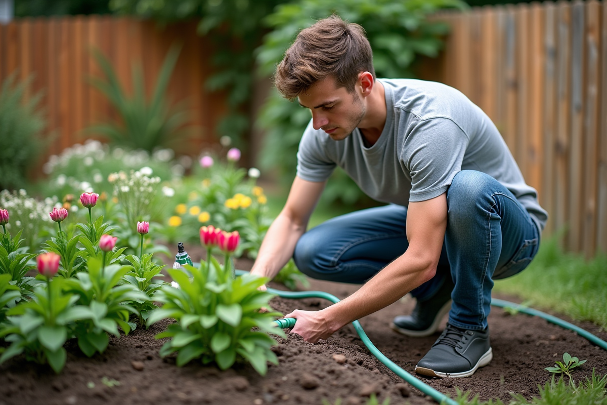 Jeune homme dans un jardin connectant un système d