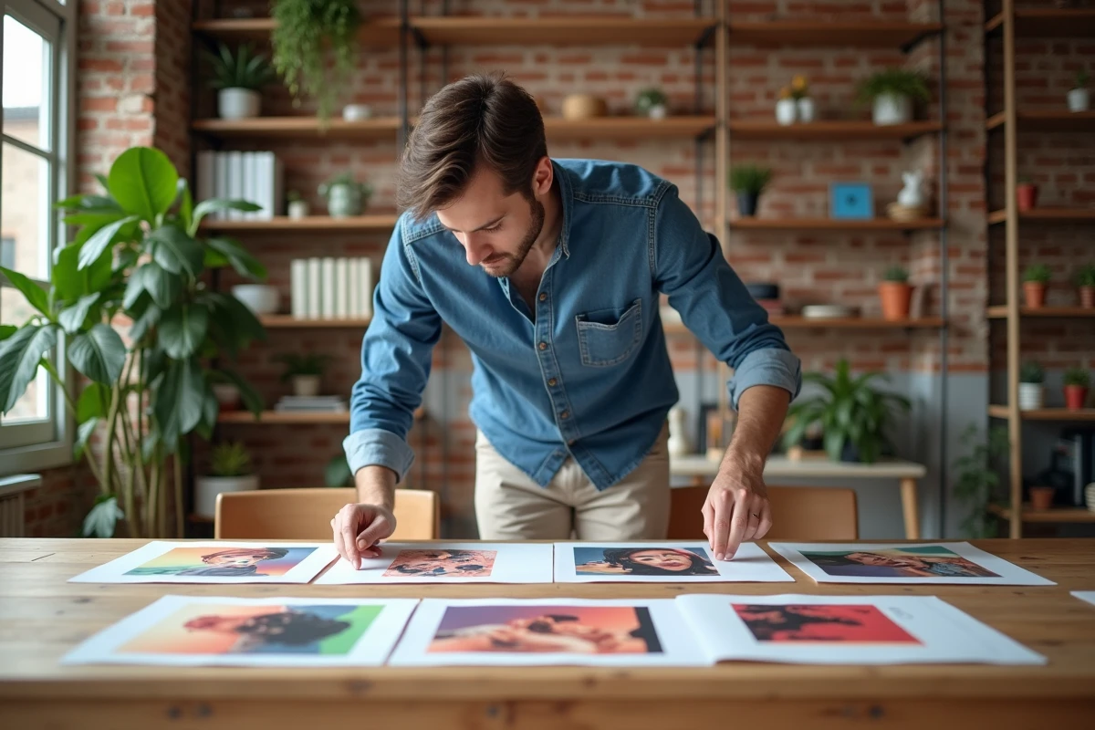 Jeune homme regardant des affiches d