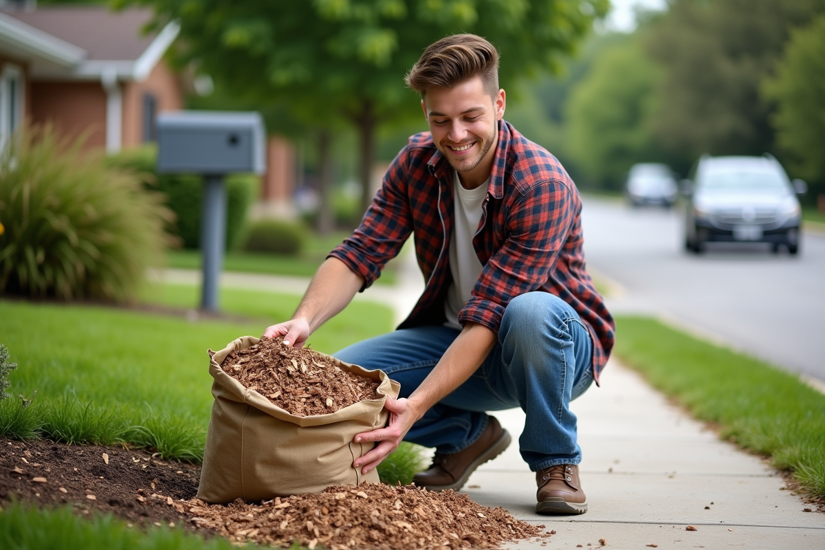 Jeune homme versant des copeaux de bois dans un jardin