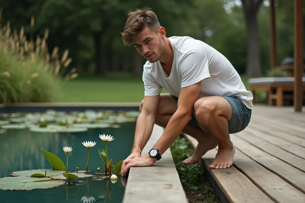 Jeune homme manipulant des plantes aquatiques au bord de la piscine