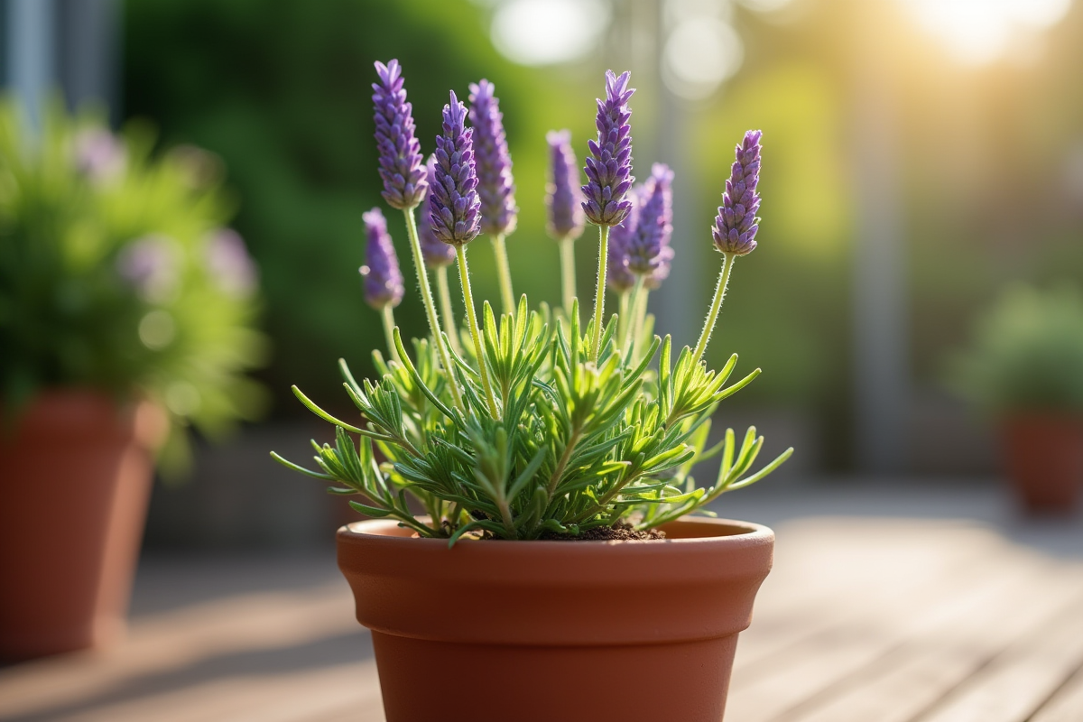 Jeune plant de lavande en pot sur un patio lumineux