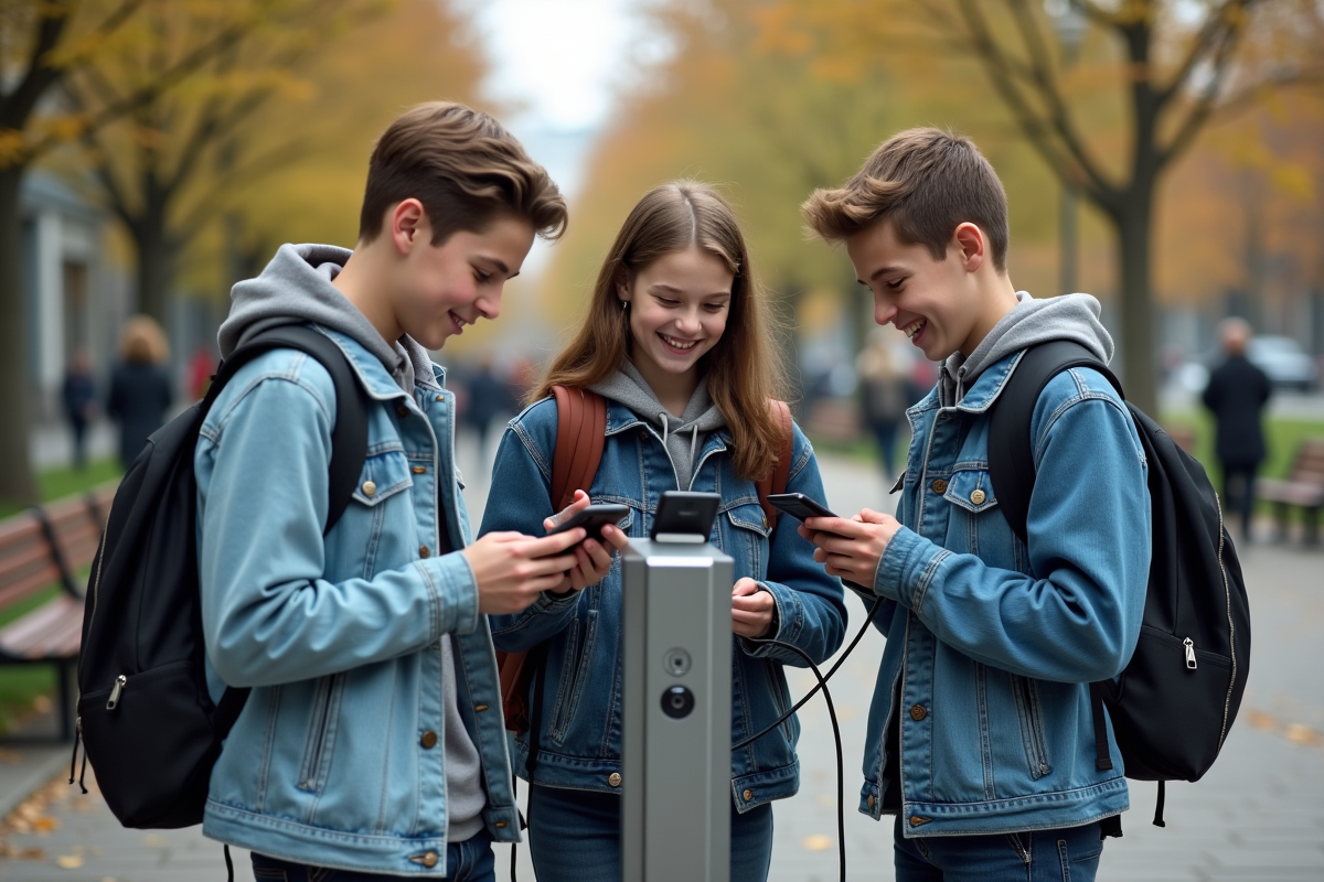 Trois adolescents chargent leurs téléphones dans un parc urbain