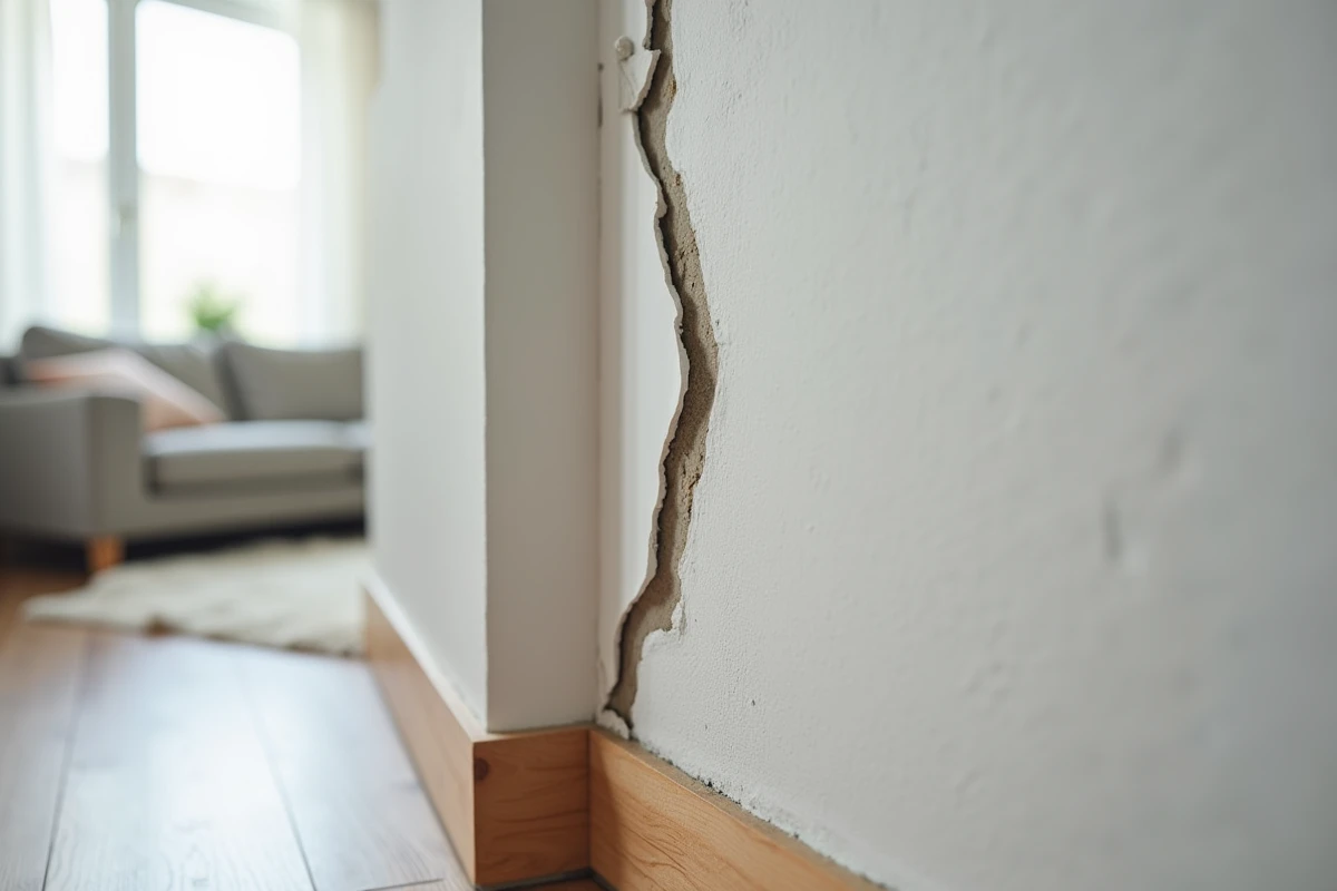 Gros plan sur un joint acrylique qui se décolle d'une surface peinte illustrant un problème d'adhérence