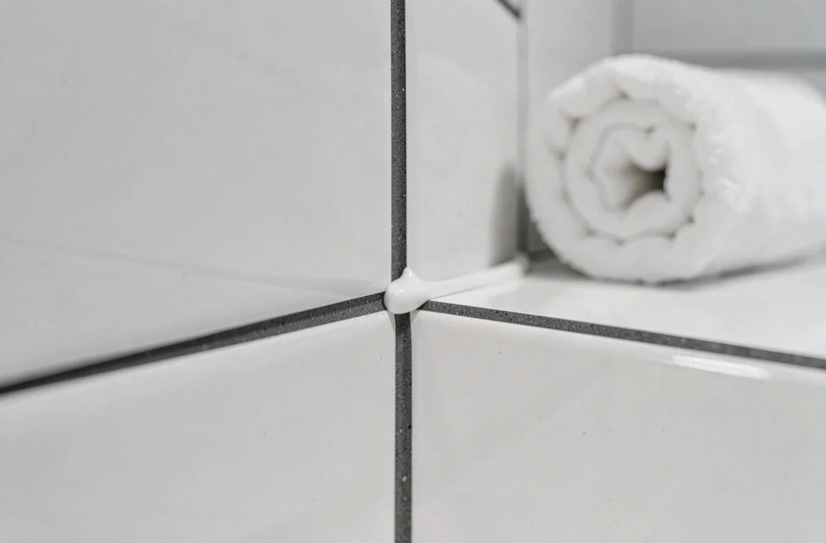 Gros plan sur un joint en silicone étanche à l'angle d'une dalle murale de salle de bain blanche, protection anti-moisissure
