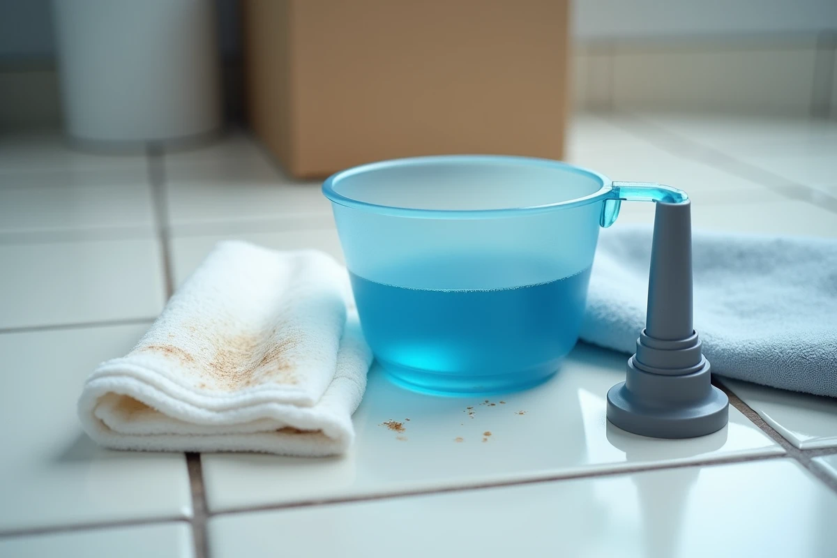 Gros plan sur de la lessive liquide et accessoire de shampouineuse posés sur carrelage de buanderie
