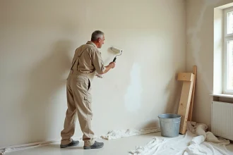 Homme en salopette appliquant de l'enduit blanc sur un mur intérieur avec un rouleau lors de travaux de rénovation