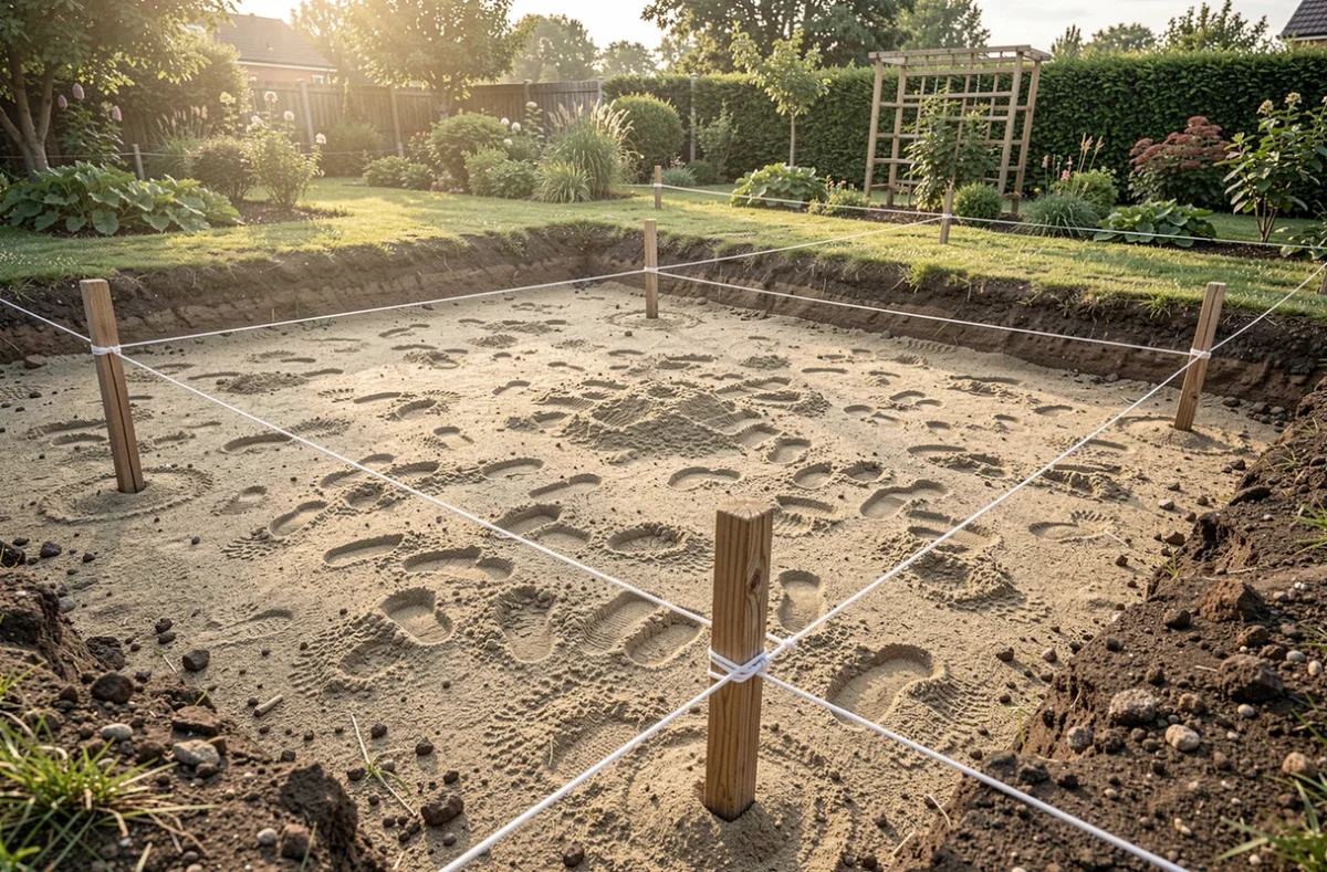Lit de sable humide nivelé dans une excavation de jardin