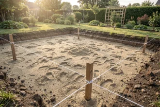 Lit de sable humide nivelé dans une excavation de jardin