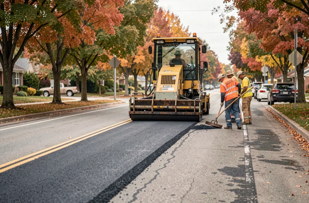 Machine à enrobé en action sur une route suburbaine lors de travaux de revêtement bitumineux