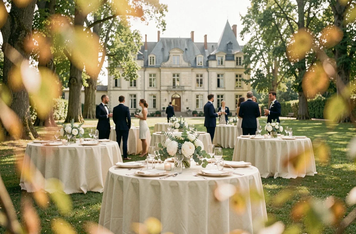 Réception de mariage en plein air dans un domaine de style château avec tables décorées et invités élégants