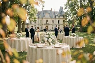 Réception de mariage en plein air dans un domaine de style château avec tables décorées et invités élégants