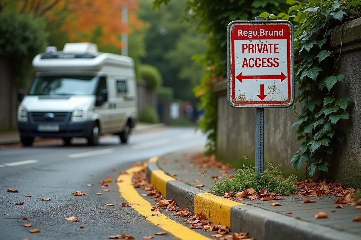 Marquage au sol jaune et panneau de signalisation indiquant une entrée privée avec une camionnette stationnée en infraction