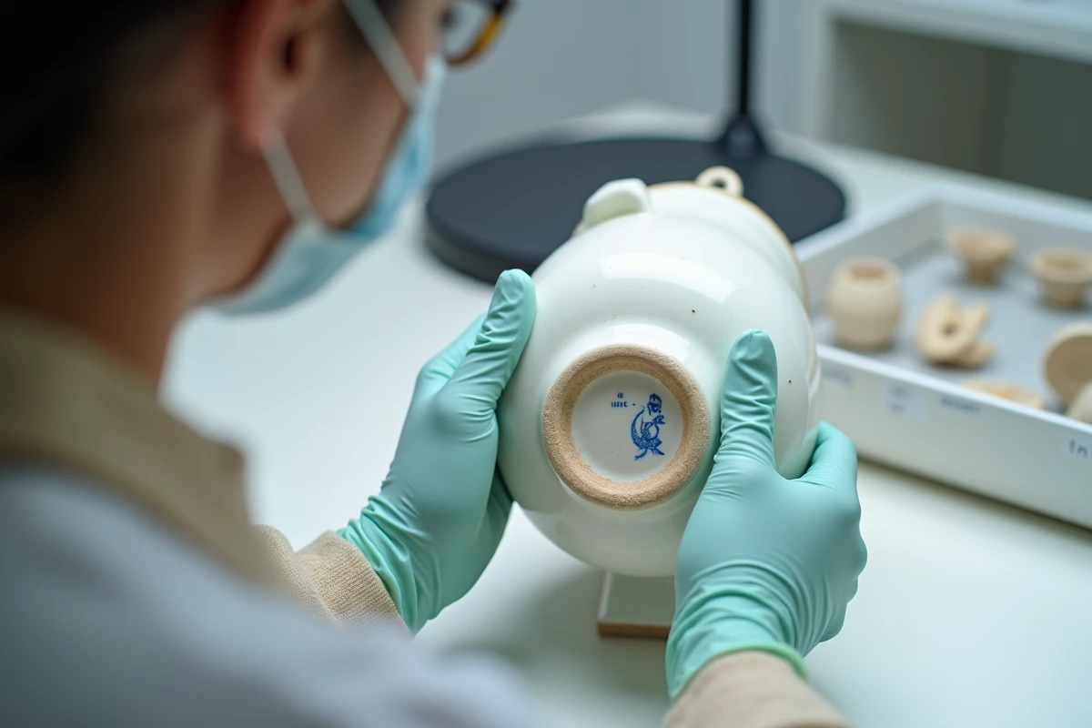 Experte en céramique inspectant le fond d'une pièce de faïencerie Henriot Quimper pour identifier la marque d'authentification
