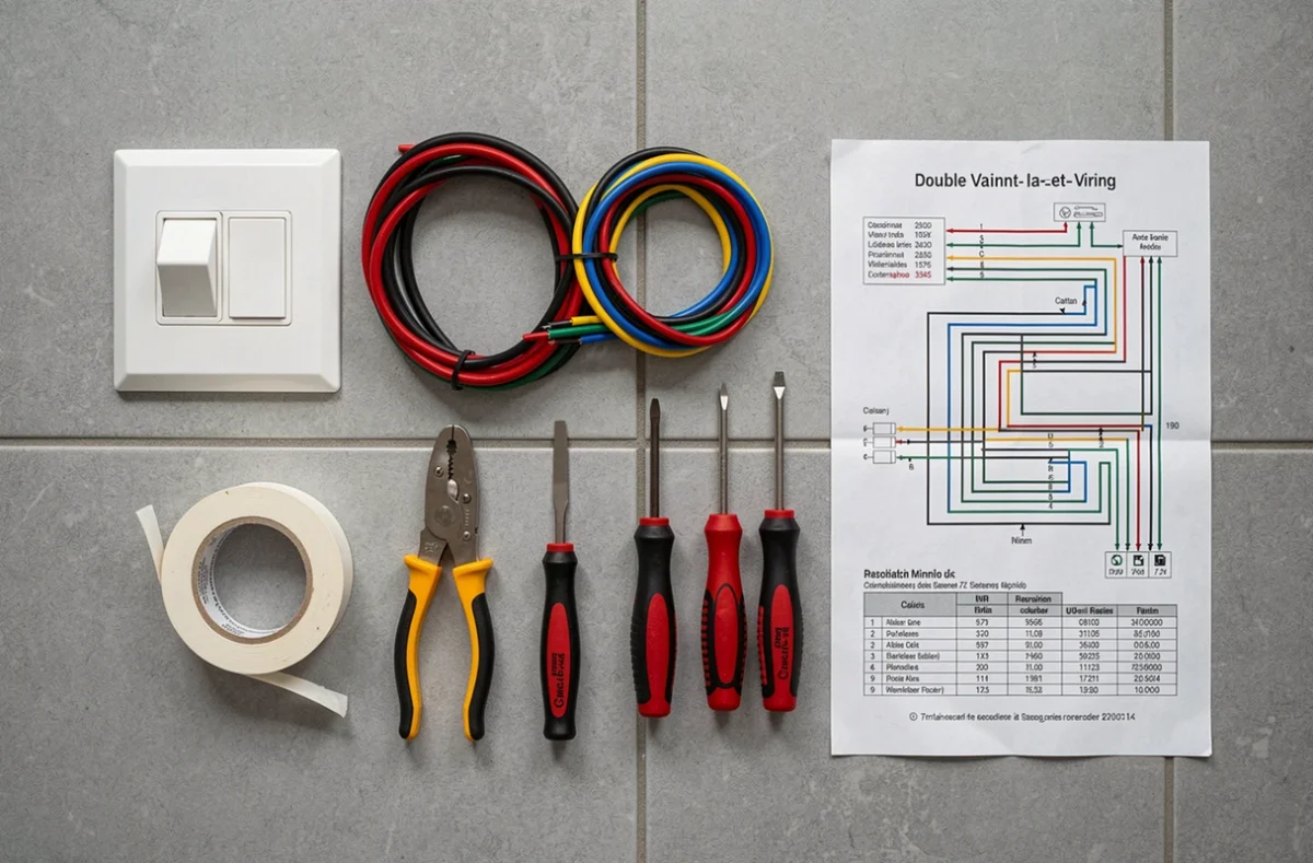 Vue de dessus du matériel complet pour câbler un double va-et-vient : interrupteurs, fils et outils
