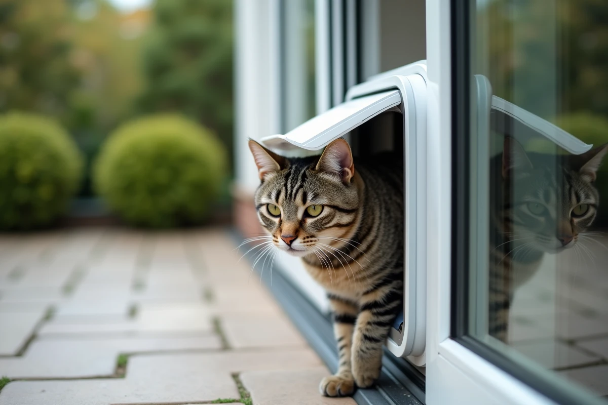 Gros plan sur le mécanisme de verrouillage anti-intrusion d'une chatière amovible fixée sur porte-fenêtre