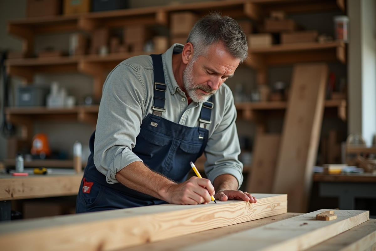 Menuisier mesurant une planche de bois avec précision