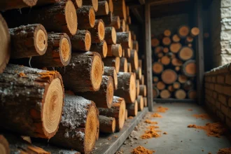 Mérule sur des bûches de bois de chauffage empilées dans une cave en pierre, montrant un mycélium blanc et orange caractéristique de la pourriture sèche