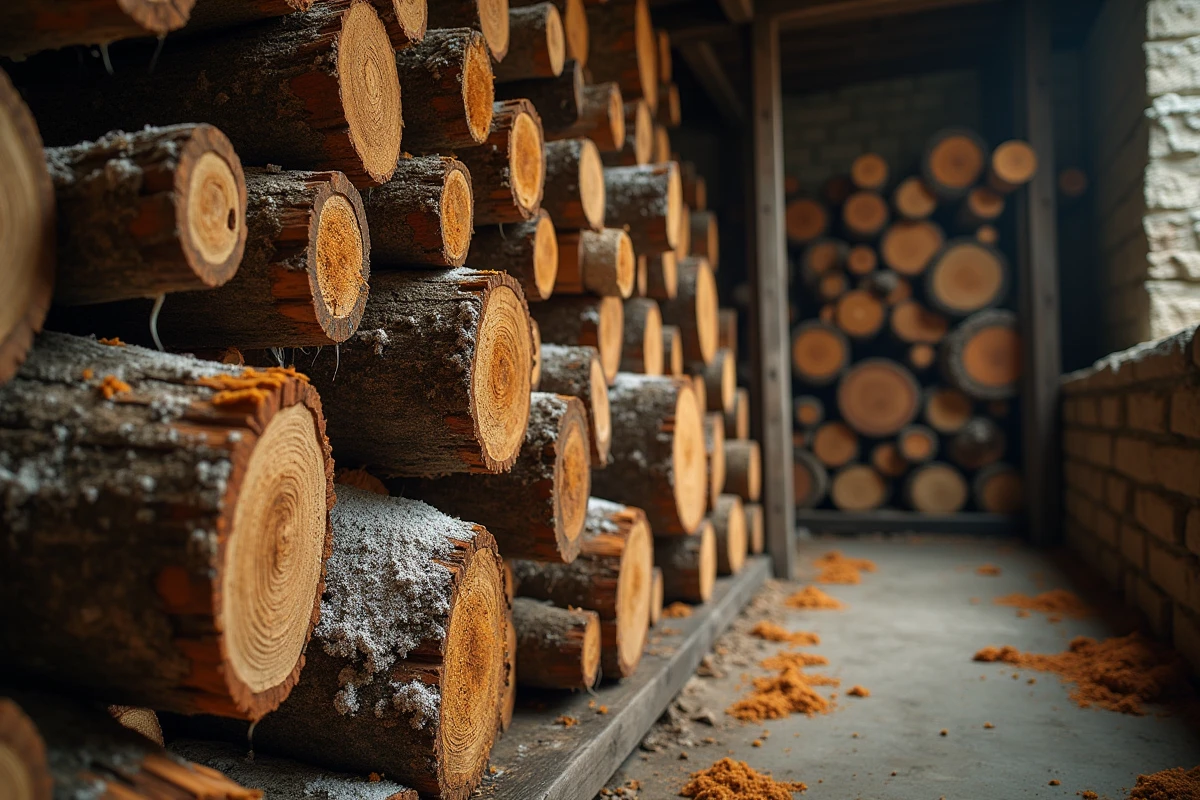 Mérule sur des bûches de bois de chauffage empilées dans une cave en pierre, montrant un mycélium blanc et orange caractéristique de la pourriture sèche