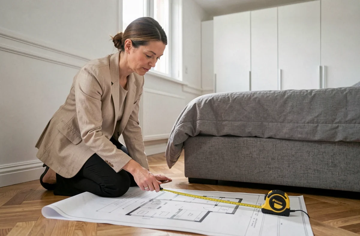 Designer d'intérieur mesurant les dimensions d'une chambre standard avec un mètre ruban et des plans architecturaux