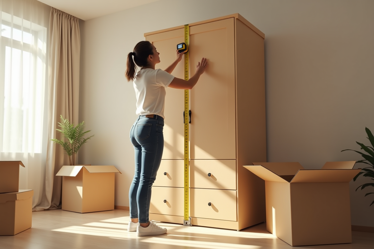 Personne mesurant un grand placard avec un mètre numérique
