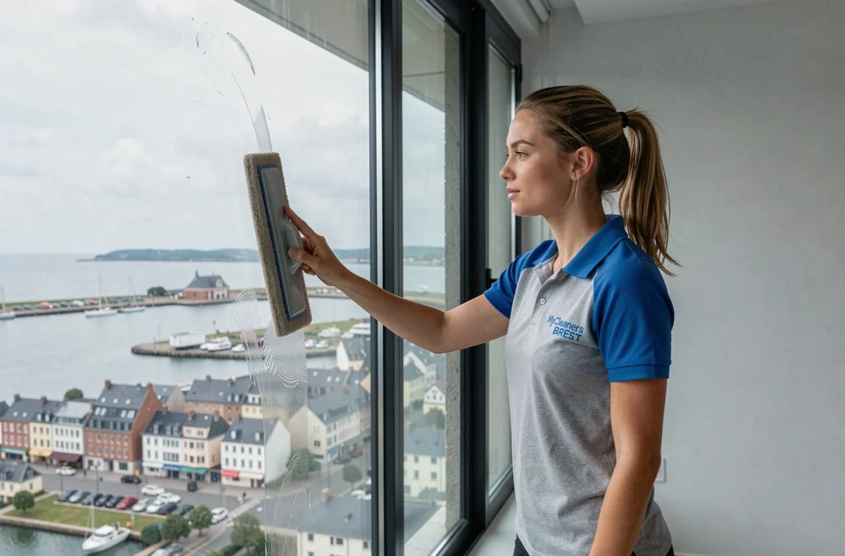 Technicienne MyCleaners Brest nettoyant les vitres avec vue sur le port de Brest