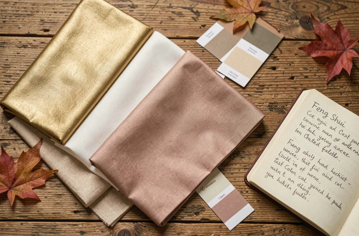 Flat-lay de nuanciers textiles et d'échantillons de peinture aux couleurs Feng Shui de l'Ouest en tons dorés, champagne et blanc