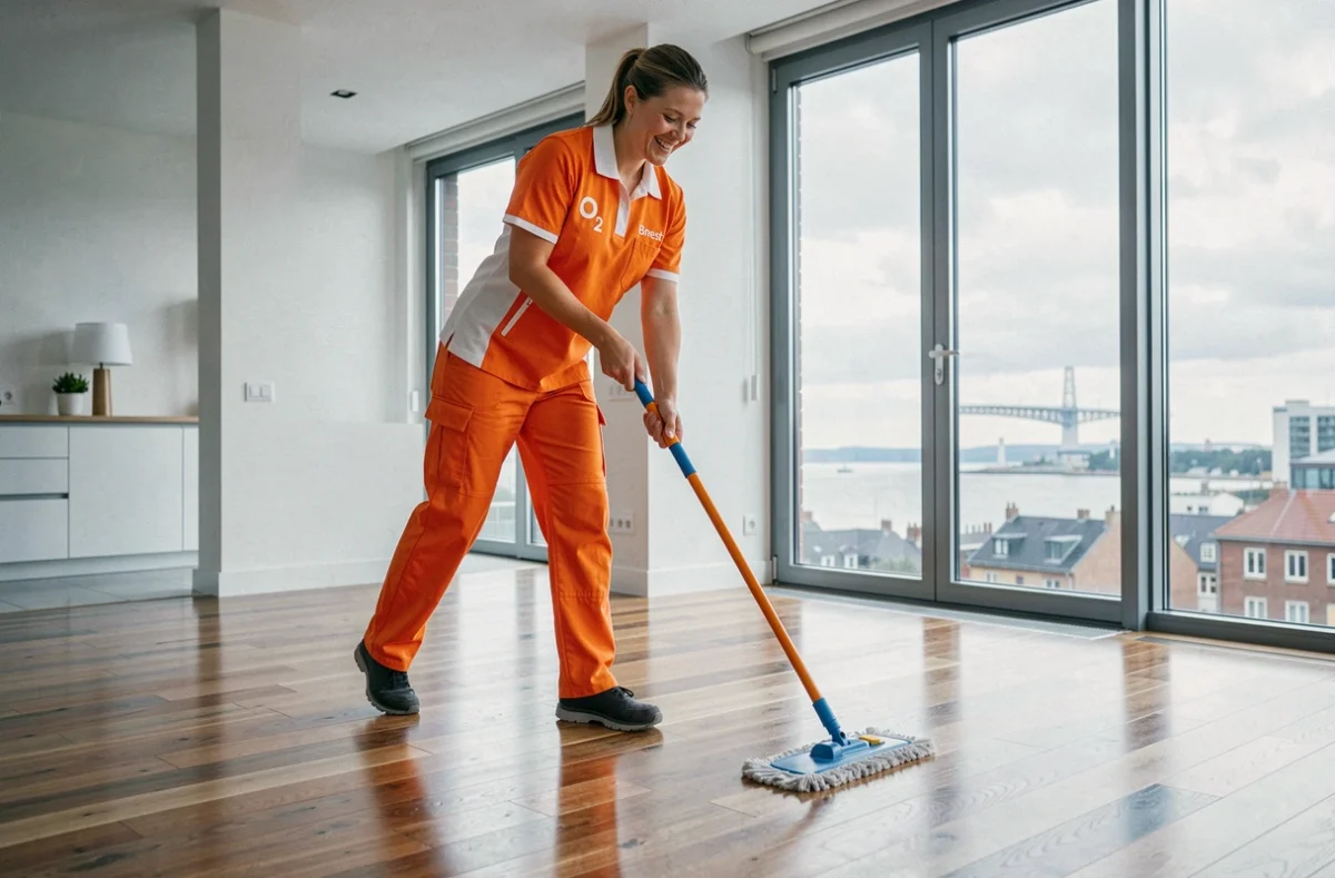 Aide ménagère O2 Brest en uniforme orange lavant le parquet d'un appartement moderne