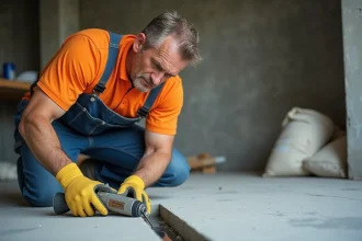 Ouvrier appliquant un scellant sur le sol en béton