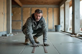 Ouvrier mesurant l'épaisseur de chape béton dans une maison neuve en construction 2026