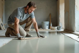 Ouvrier appliquant un ragréage autonivelant mince sur un plancher béton en chantier intérieur