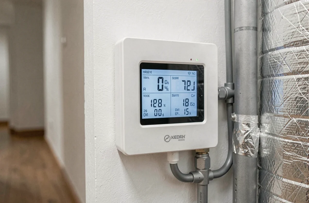 Panneau de commande et thermostat numérique d'une pompe à chaleur Weishaupt affiché sur un mur intérieur