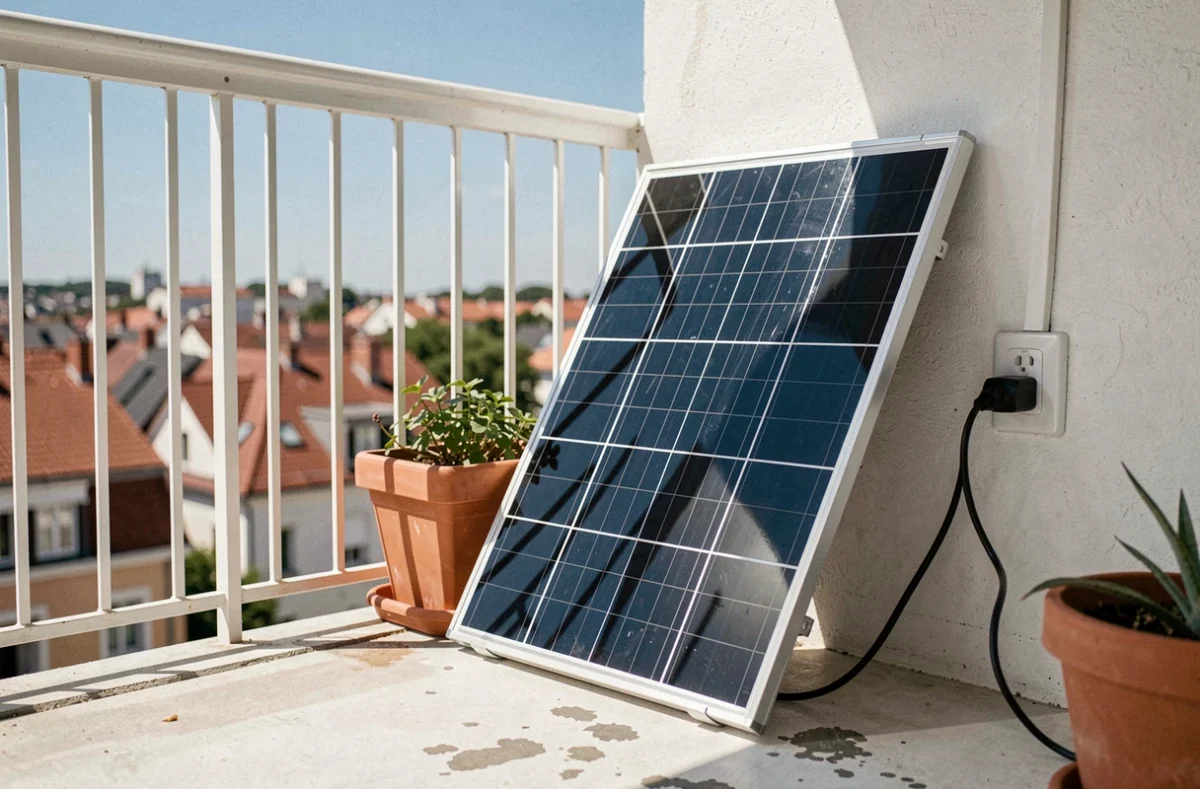 Panneau solaire plug and play installé sur un balcon d'appartement avec câble connecté à une prise murale