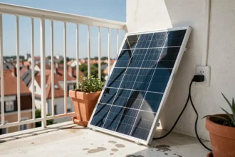 Panneau solaire plug and play installé sur un balcon d'appartement avec câble connecté à une prise murale