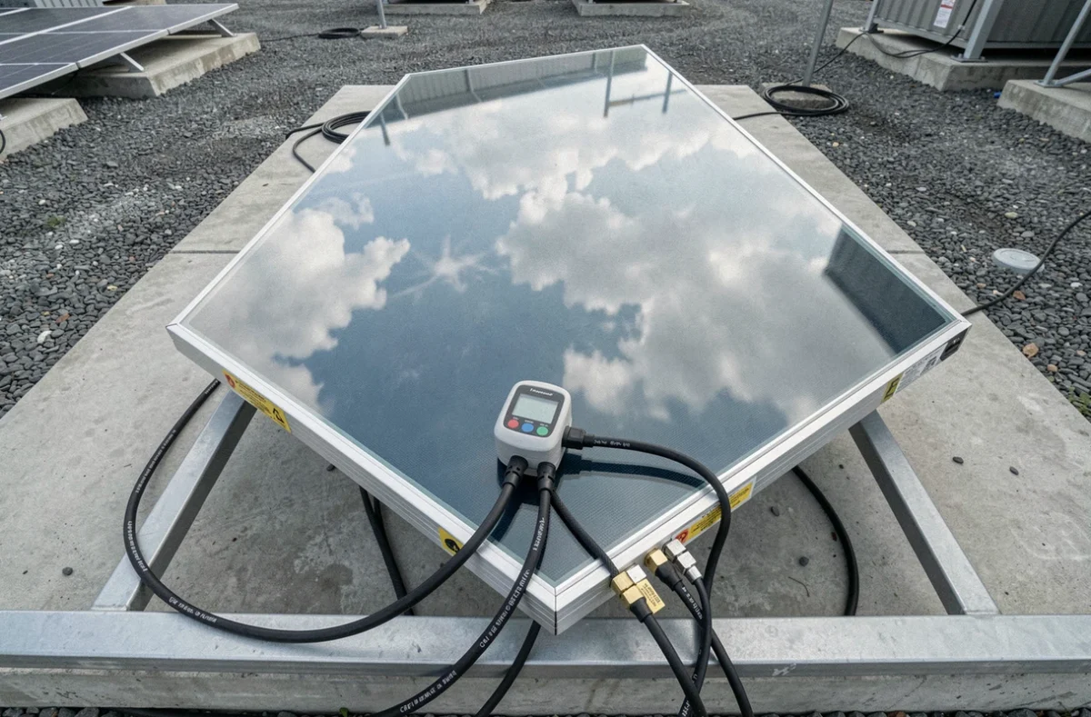 Gros plan d'un panneau solaire en test extérieur avec capteur d'irradiance et câbles de mesure sur aire industrielle