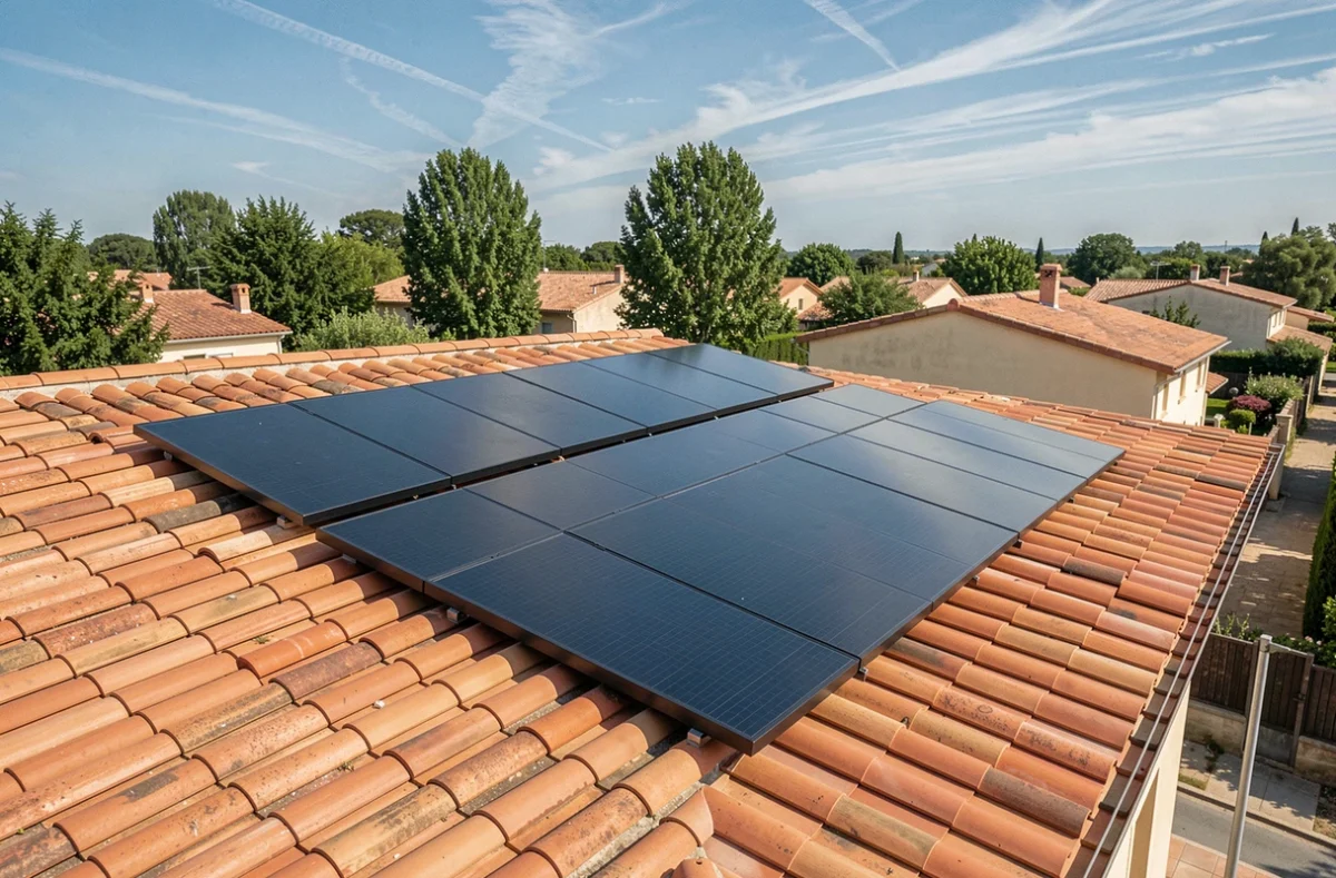 Installation de panneaux solaires 3 kWc sur un toit en tuiles d'une maison individuelle en France