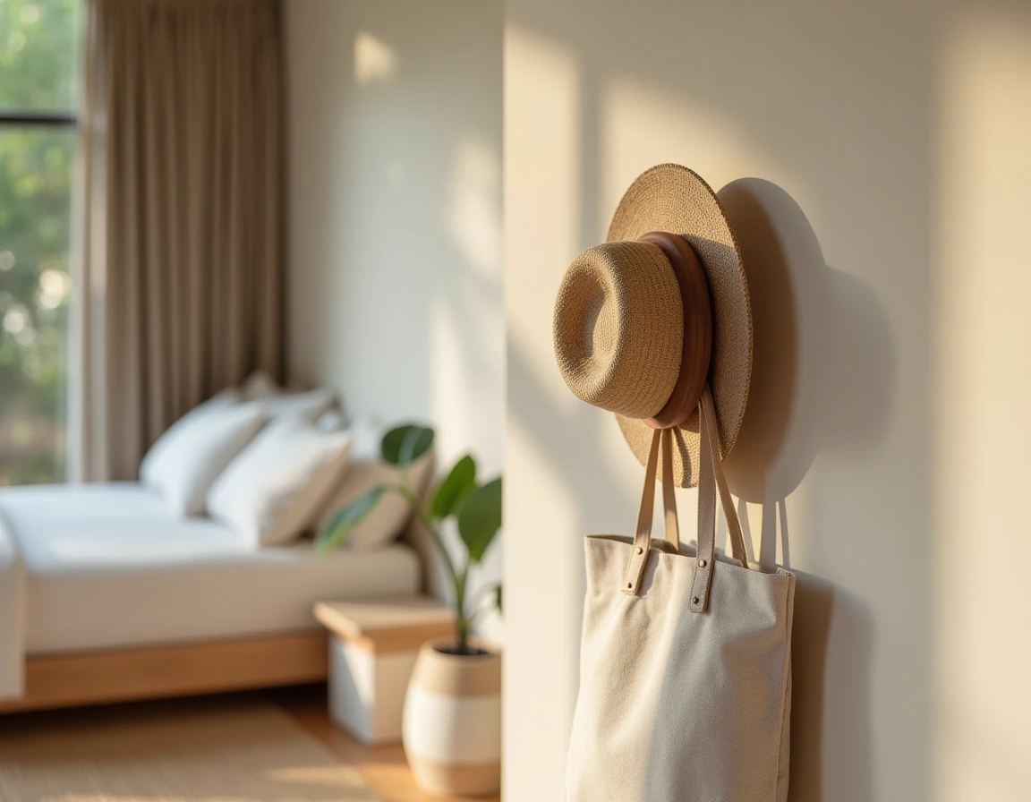 Patère artisanale en céramique et noyer sur mur taupe dans une chambre de location de vacances, détail matière