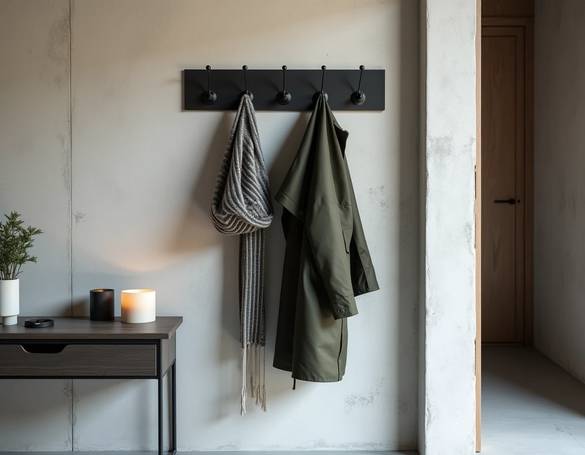 Patère design en métal noir sur mur en béton dans un studio meublé style loft urbain scandinave