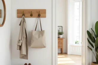 Patère murale en bois et laiton dans l'entrée d'un appartement meublé avec manteau et sac accrochés, décor soigné pour location