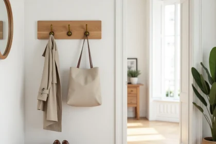 Patère murale en bois et laiton dans l'entrée d'un appartement meublé avec manteau et sac accrochés, décor soigné pour location