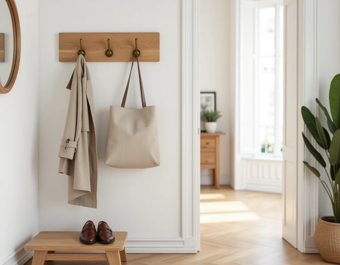 Patère murale en bois et laiton dans l'entrée d'un appartement meublé avec manteau et sac accrochés, décor soigné pour location