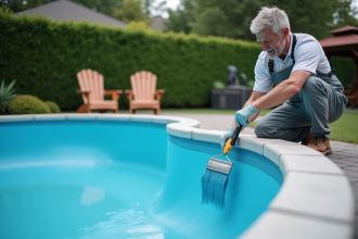 Homme appliquant de la peinture bleue sur une piscine vide dans un jardin