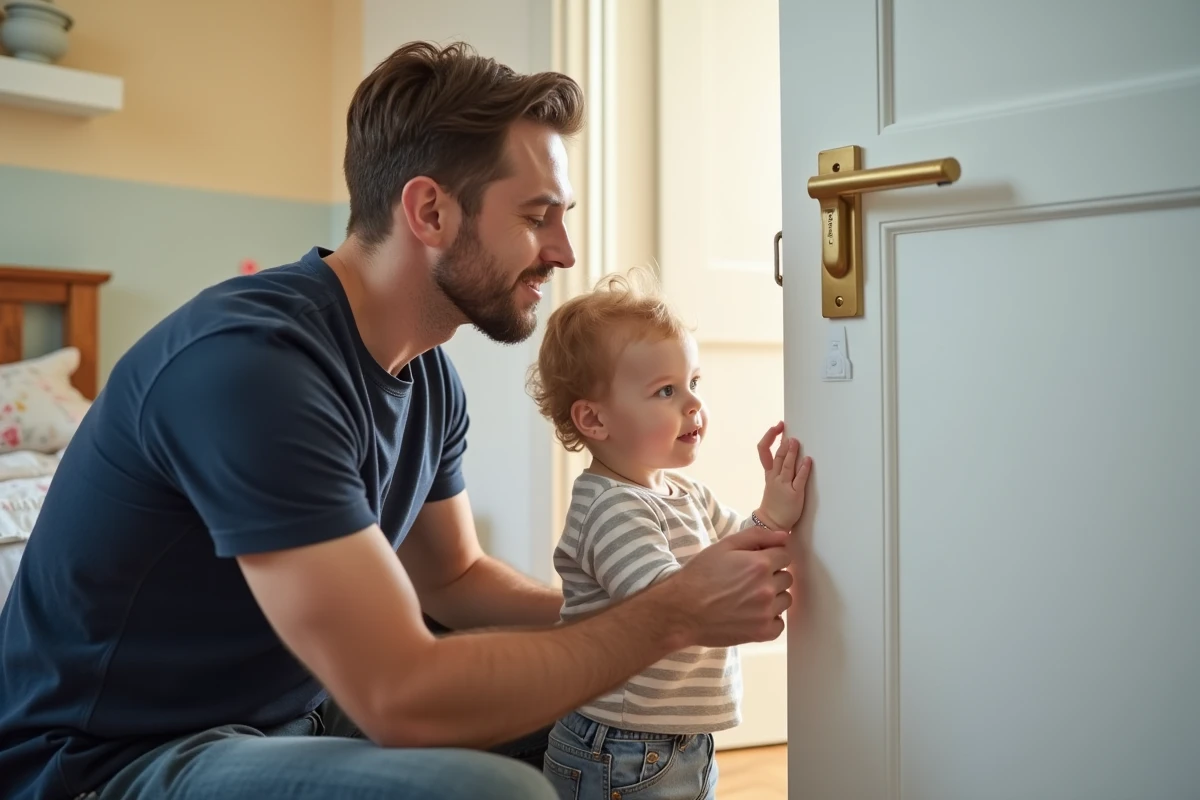 Père expliquant le fonctionnement d'un anti pince-doigt à son enfant devant une porte de chambre