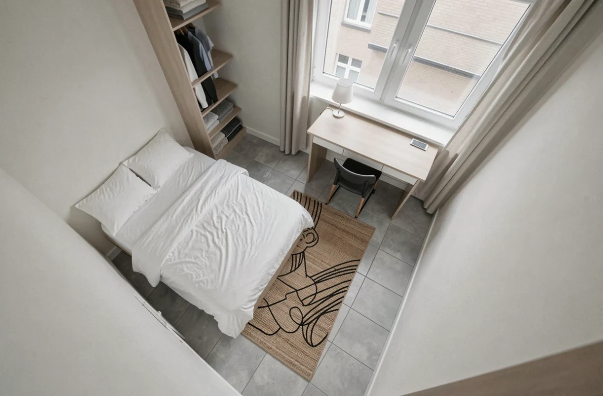 Vue aérienne d'une petite chambre standard de 9 m² avec agencement optimisé et surface au sol visible