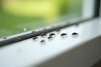 Petits insectes noirs sur le rebord d'une fenêtre de cuisine en été