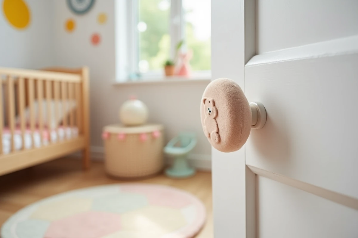 Pince doigt en mousse pastel installé dans le chambranle d'une porte de chambre d'enfant avec un arrière-plan flou de lit en bois
