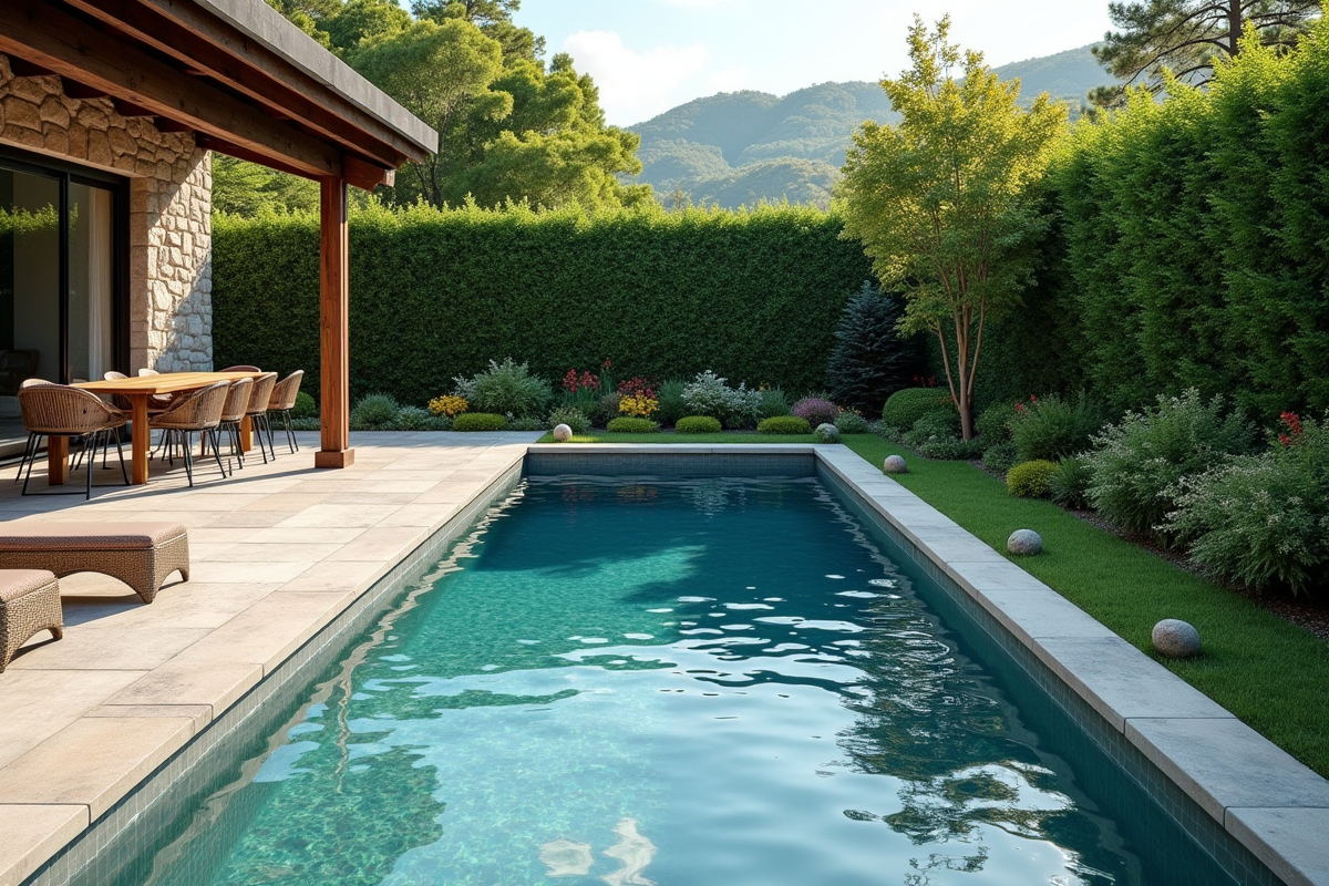 Piscine entourée de pierres et de haies bien taillées pour l