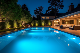 Piscine extérieure moderne la nuit avec lumières LED bleues et ambiance relaxante