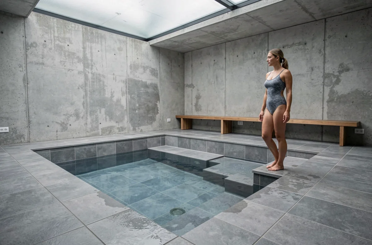 Piscine intérieure rénovée avec grands carreaux en grès cérame gris, rendu contemporain et économique